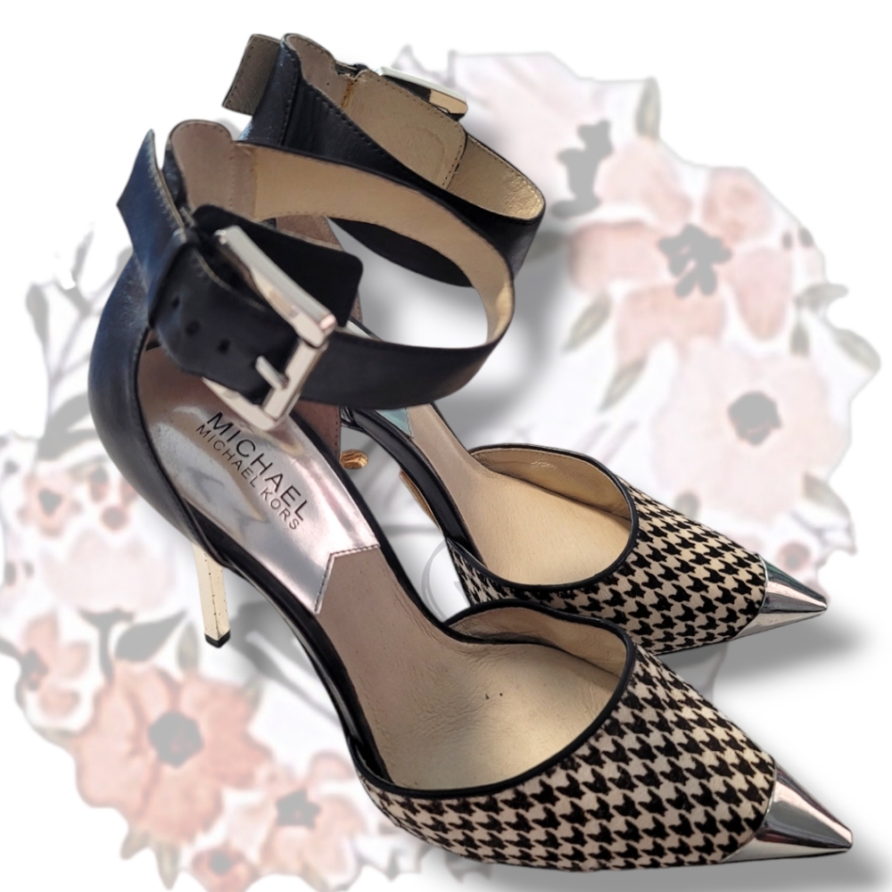 💕 Michael Kors "Wow Zady" Houndstooth Print Chrome Accent Heels size 10M - Picture 3 of 6